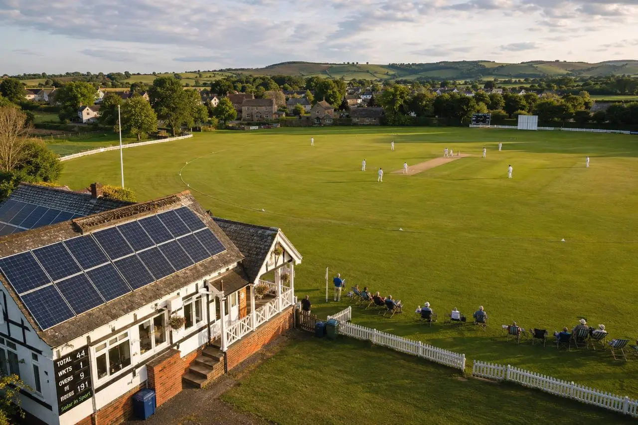 Village cricket club solar pavilion with Solar in Sport branding